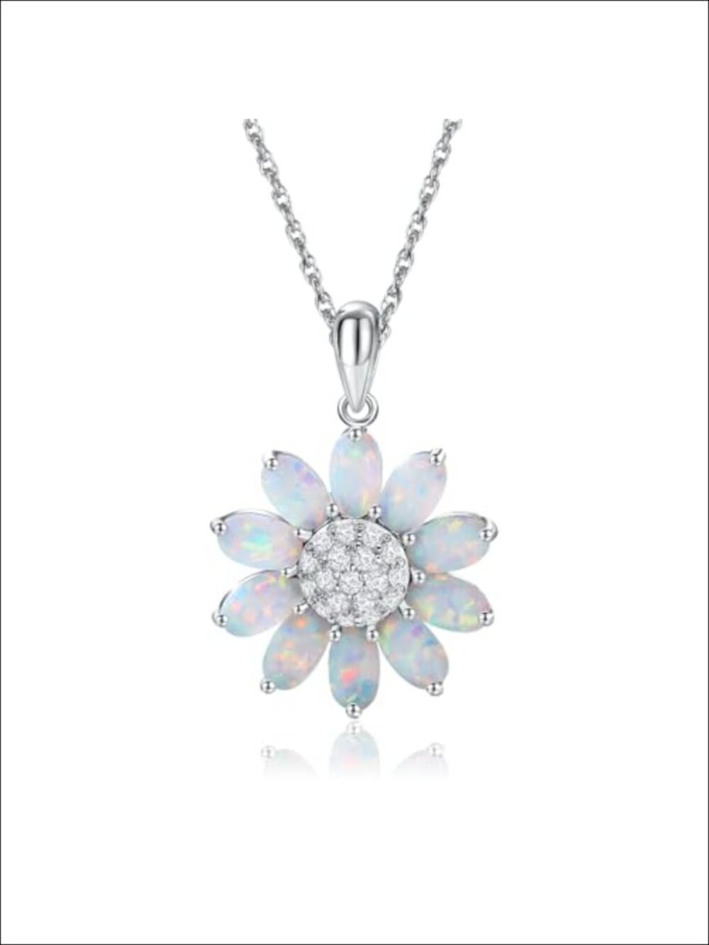 Sterling Silver Sunflower Necklace Created Opal October Birthstone Pendant